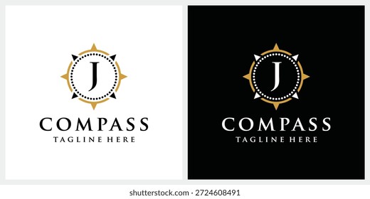 Diseño inicial del logotipo de la brújula de la letra J, icono gráfico del logotipo del círculo
