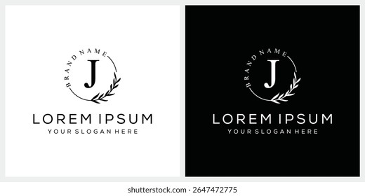 Initial letter J cosmetics fashion logo design, serif font graphic icon, leaves nature symbol concept