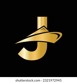 Icono del logotipo del barco de crucero de la letra inicial J. Símbolo de yate, logotipo marino