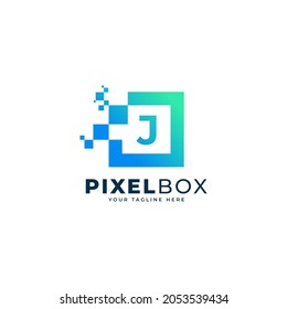 Diseño del logotipo digital de píxeles de la letra inicial J. Forma geométrica con puntos de píxeles cuadrados. Usable para Logos de Negocios y Tecnología