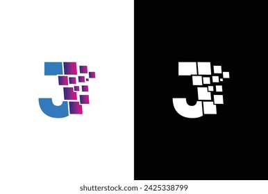 Initial Letter J digital pixel logo design template element. Letter J Pixel logo, Triangle, Blue color, Technology and digital logotype.