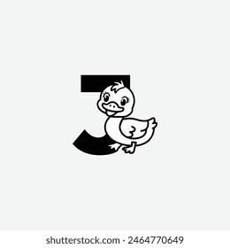 Initial Letter J with Duck Logo Design. Duck is sporting a happy smile. Letter J Vector cute animals character duck isolated illustration and lettering on white background.