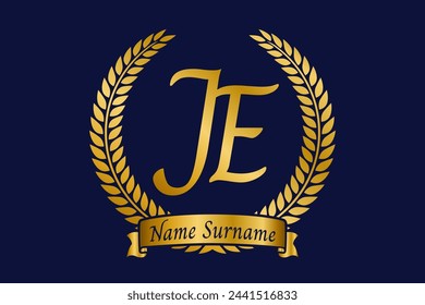 Initial letter J and E, JE monogram logo design with laurel wreath. Luxury golden calligraphy font.