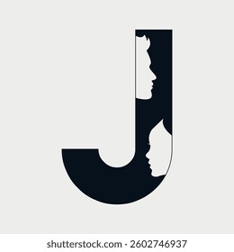 Initial Letter J Face logo design. Male and Female Faces design concept alphabet font. Vector Illustration.