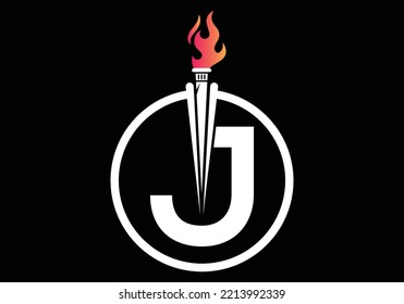 Initial Letter J Fire Torch Concept With Fire and Torch Icon Vector Symbol. Modern vector logo for Fire Torch business, and company identity.