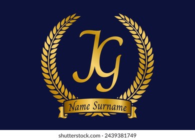 Initial letter J and G, JG monogram logo design with laurel wreath. Luxury golden emblem with calligraphy font.