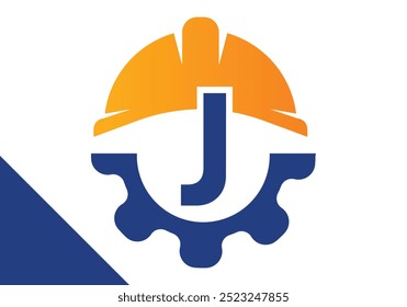 Initial Letter J with Gear and Helmet. Gear engineer logo design vector