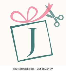 Initial Letter J Gift Box Logo Design Concept With Ribbon and Scissors Symbol For Weeding and Birthday Gift Sign