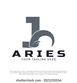 Initial Letter J with Goat Ram Sheep Horn for Aries Logo Design Inspiration. Animal Logo Element Template