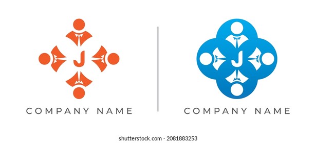 initial Letter J with Group of business people. Teamwork Logo Template.