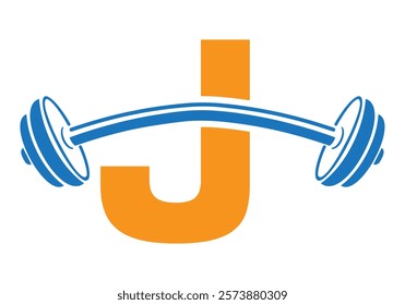 Initial Letter J Gym Logo Design Concept With Straight and Curved Barbell Symbol. Fitness Sign, Bodybuilding, Workout Vector