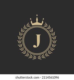 Initial Letter J Heraldic Royal Frame with Crown and Laurel Wreath. Simple Classic Emblem. Round Composition. Graphics Style. Art Elements for Logo Design Vector Illustration