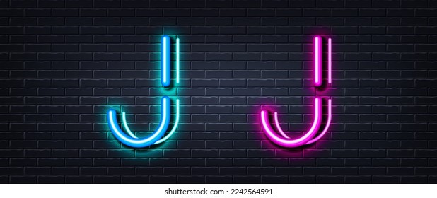 Initial letter J icon. Neon light line effect. Line typography character sign. Large first font letter. Glowing neon light element. Letter J glow 3d line. Brick wall banner. Vector