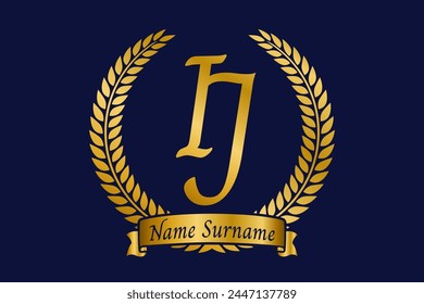 Initial letter I and J, IJ monogram logo design with laurel wreath. Luxury golden calligraphy font.