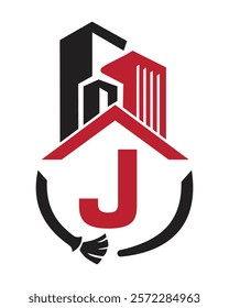 Initial Letter J Industrial Cleaning Logo Concept With Cleaning Brush and Building Symbol. Broom Sign