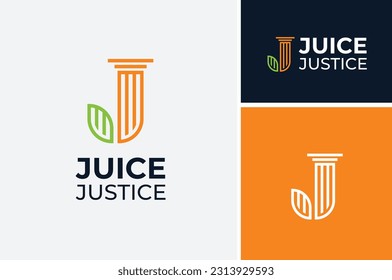 Initial Letter J Juice Juicy Justice Judicial with Leaf and Column Pillar Building logo design