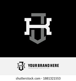 Initial letter J, K, JK or KJ overlapping, interlock, monogram logo, white and gray color on black background