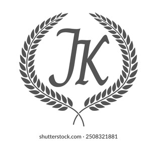 Initial letter J and K, JK monogram logo design with laurel wreath. Luxury calligraphy font.
