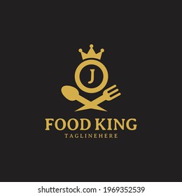 Initial letter J King food Logo Design Template. Illustration vector graphic. Design concept fork,spoon and crown With letter symbol. Perfect for cafe, restaurant, cooking business