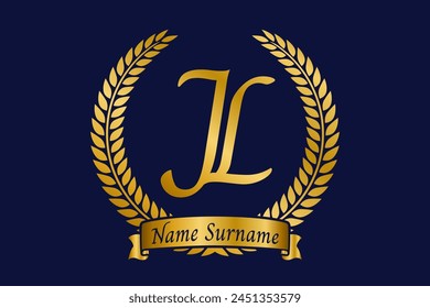 Letra inicial J y L, diseño del logotipo del monograma de JL con corona de laurel. Fuente de caligrafía dorada de lujo.