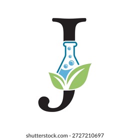 Diseño inicial del logotipo del laboratorio de la letra J combinado con el símbolo del tubo de ensayo y de la hoja