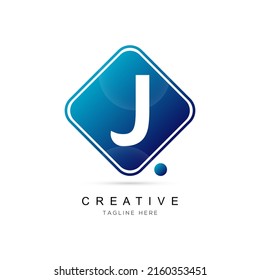 initial letter J logo design with square framed and dot element. J logo design vector illustration company.