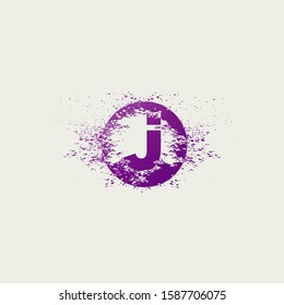 Initial  Letter J Logo Icon Abstract Circle Ink Splatter. Purple Violet ink splash  with letter logo icon on circle shape.