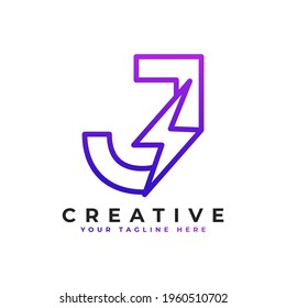 Logo de la letra inicial J con perno de trueno iluminante en estilo lineal. Alfabeto Adecuado para Rápido, Potencia, Flash, Eléctrico, Identidad, Movimiento y Velocidad.