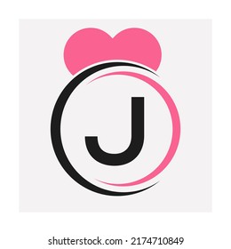 Logotipo de letra inicial J con icono de amor o símbolo de corazón en plantilla vectorial de estilo moderno