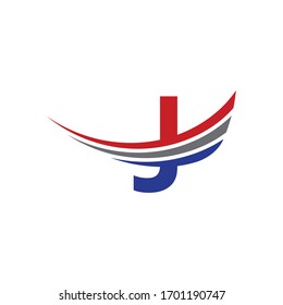 initial letter j logo swoosh wing red, blue and grey color