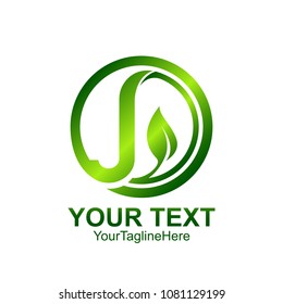 Initial letter J logo template colored green circle leaf design for business and company identity