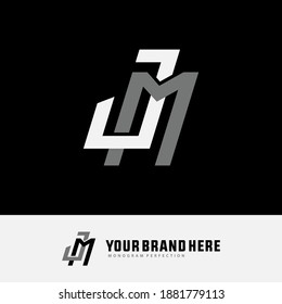 Initial letter J, M, JM or MJ overlapping, interlock, monogram logo, white and gray color on black background