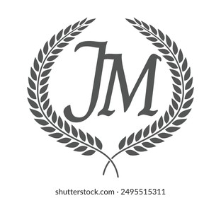 Initial letter J and M, JM monogram logo design with laurel wreath. Luxury calligraphy font.