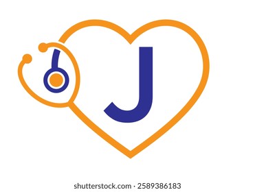 Initial Letter J Medical Logo Concept With Heart and Stethoscope Symbol For Healthcare and Medical Sign