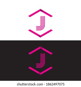 Initial letter J , minimalist line art monogram hexagon logo, pink color isolated on black and white.