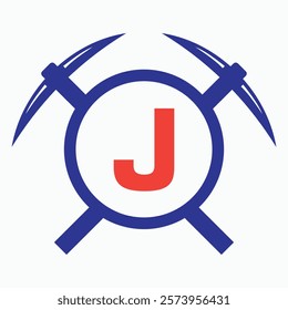 Initial Letter J Mining Logo Combine With Pickaxe Symbol Vector Template