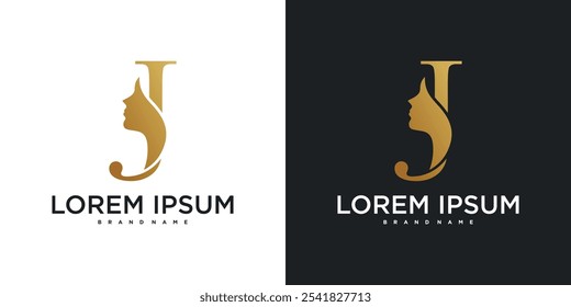 Diseño inicial del logotipo del monograma de la letra J y silueta de la cara de una mujer. Vector de Premium