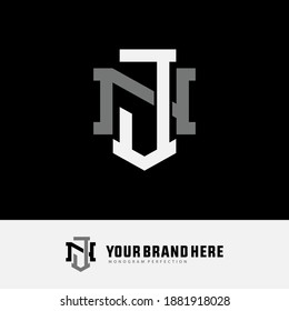 Initial letter J, N, JN or NJ overlapping, interlock, monogram logo, white and gray color on black background
