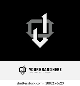 Initial letter J, O, JO or OJ overlapping, interlock, monogram logo, white and gray color on black background
