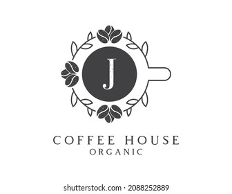 vector de diseño del icono del logotipo del café orgánico de la letra inicial J.
