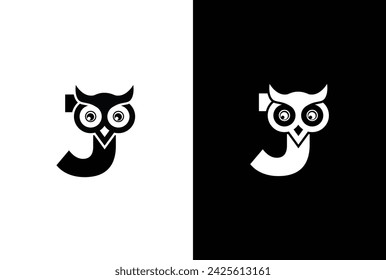 Initial letter J with owl modern company business logo icon. Simple and creative owl logo design vector, combination of letter J and owl.