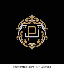 Initial letter J and P, JP, PJ, decorative ornament emblem badge, overlapping monogram logo, elegant luxury silver gold color on black background
