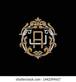 Initial letter J and R, JR, RJ, decorative ornament emblem badge, overlapping monogram logo, elegant luxury silver gold color on black background