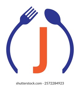 Initial Letter J Restaurant Logo Design Concept With Spoon and Fork Symbol Vector Template