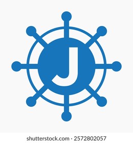 Initial Letter J Sailing Logo Design Vector Template Concept with Steering Ship Symbol