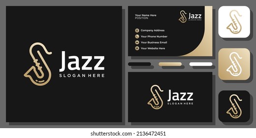 Initialbrief J Saxophone Music Jazz Musical Gold Luxury Vector Logo Design mit Visitenkarte