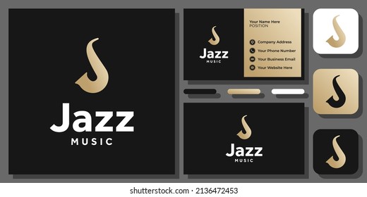 Initial Letter J Saxophone Music Jazz Musical Gold Luxury Vector Logo Design with Business Card