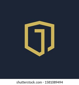 initial Letter J with Shield frame line art element. Shield Line geometry  for Security logo. Logo Icon Template for Web and Business Card, Letter Logo Template on Black Background. - vector