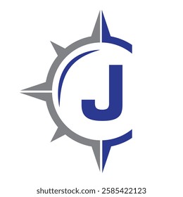 Initial Letter J Ship Logo Concept With Compass Symbol Vector Template