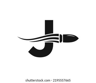 Initial Letter J Shooting Bullet Logo With Concept Weapon For Safety and Protection Symbol